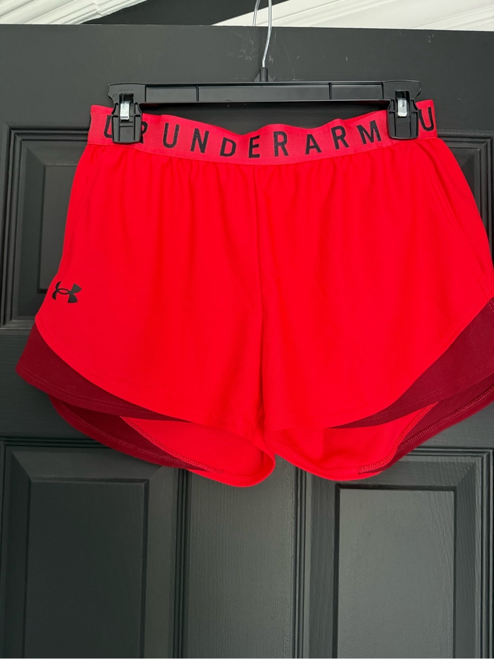 Under Armour Women's Red Athletic Shorts with Dark Red Trim
